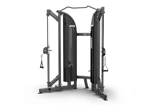 Black functional trainer cable machine with dual adjustable pulleys and weight stack on white background