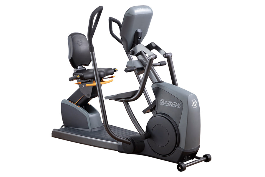 Octane XR6000 recumbent exercise bike with gray and black frame, padded seat, dual handles, and digital display console