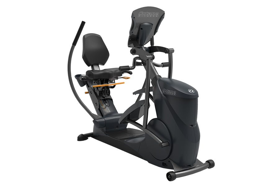 Black Octane XR650 recumbent elliptical with padded seat, handles, and digital display on white background