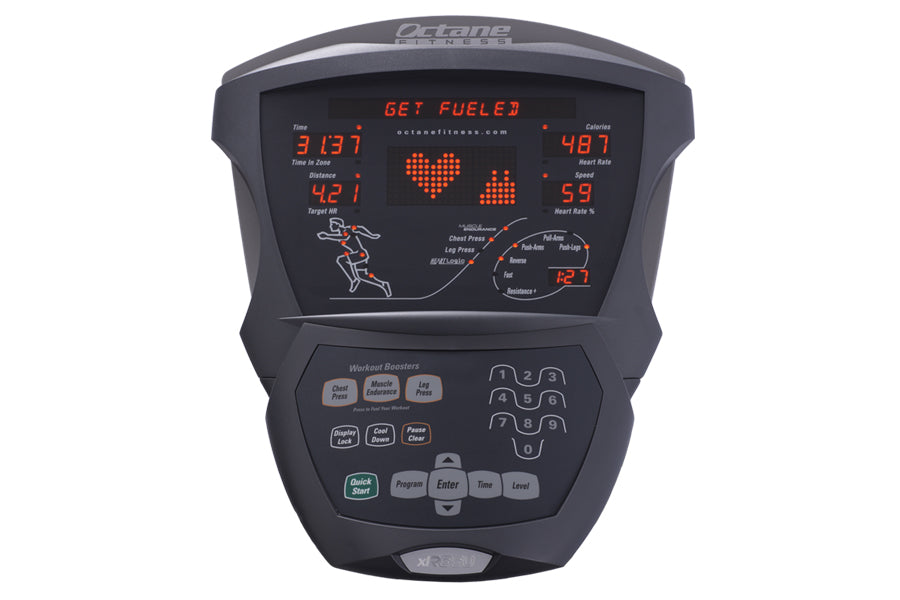 Octane XR650 commercial recumbent elliptical console with red LED display showing workout metrics and heart rate icons on dar