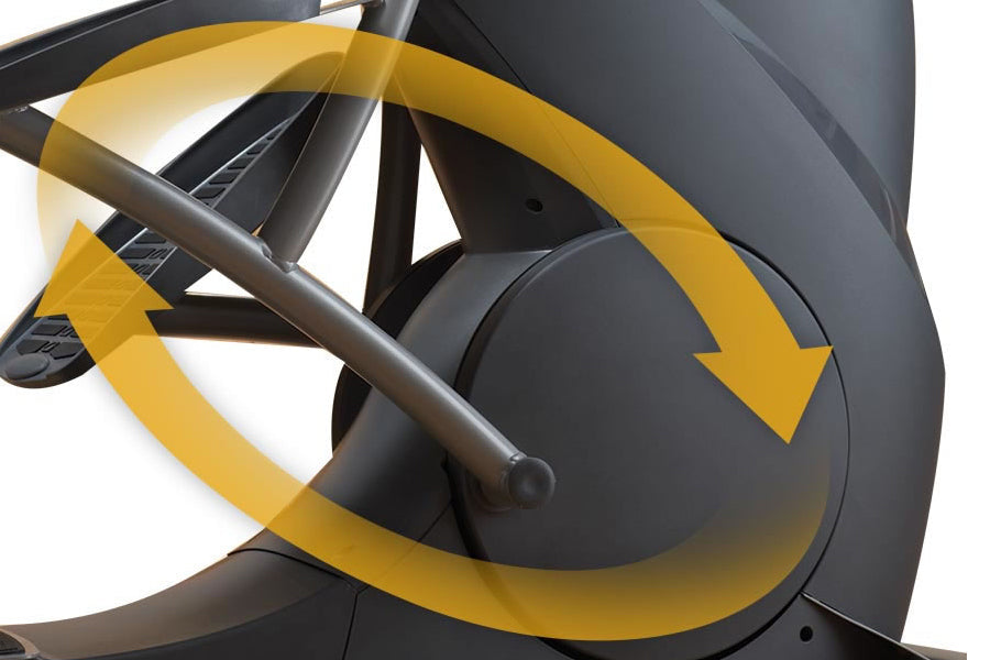 Octane XR650 recumbent elliptical machine with yellow directional arrows on dark gray frame and pedals, detail view
