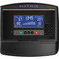 Matrix TF50 folding treadmill console displaying workout metrics including calories, distance, and incline on blue screen wit