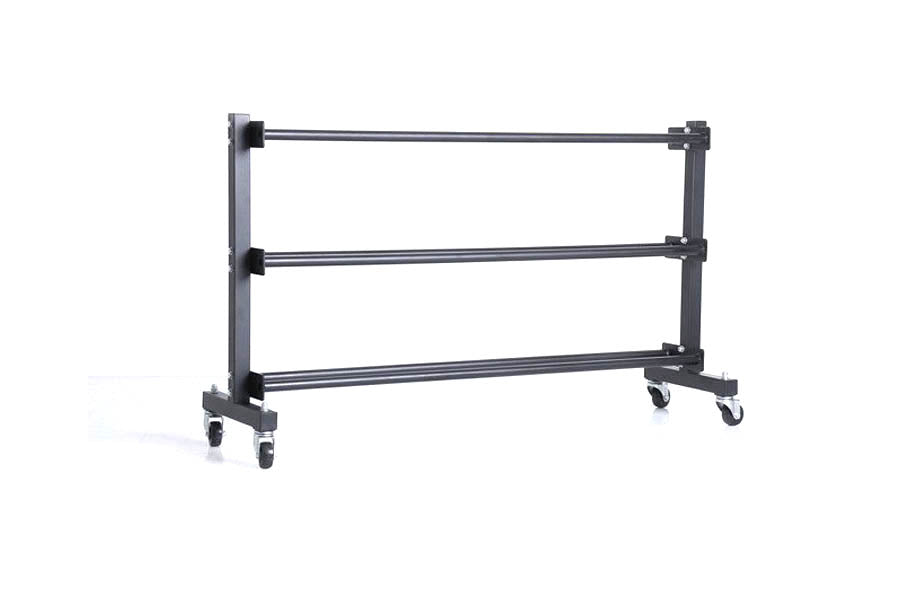 Xtreme Monkey 3 tier commercial medicine ball rack with black metal frame and rolling casters on white background