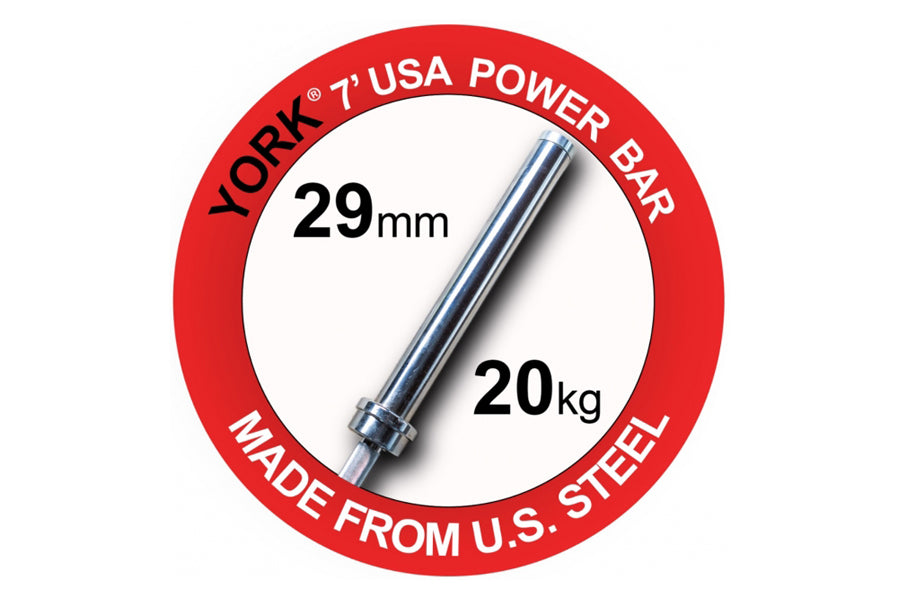 York 7' USA Power Bar, 29mm diameter, 20kg capacity, chrome steel barbell on white background