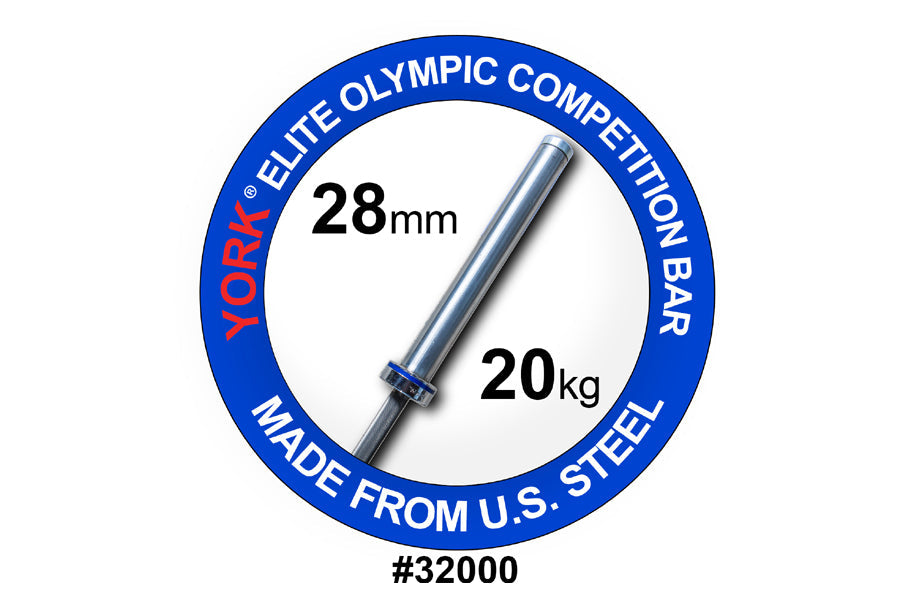 York Elite Olympic Competition Bar, 28mm diameter, 20kg, made from U.S. steel, model 32000