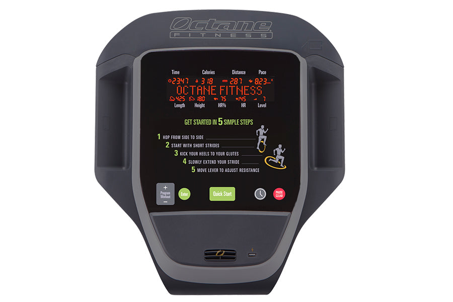 Octane Fitness ZR8000 commercial elliptical machine with digital display showing workout metrics on white background