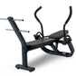 Black commercial abdominal exercise bench with padded seat, curved handles, and leg extension attachment on white background