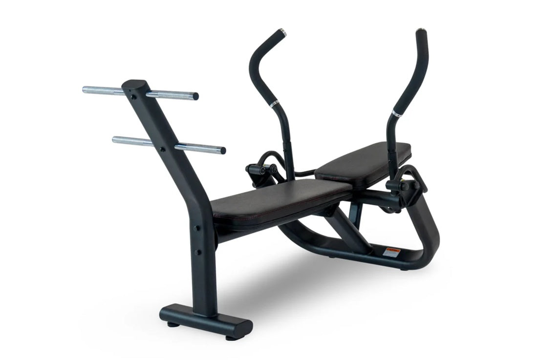 Black commercial abdominal exercise bench with padded seat, curved handles, and leg extension attachment on white background