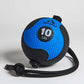Aeromat 10 LBS medicine ball with blue textured surface, black panels, and attached black rope handle on white background
