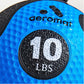 Bright blue medicine ball with textured grip surface, black circular weight marking reading "10 LBS" with Aeromat branding vi