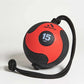 Aeromat 75-pound medicine ball in red and black with attached rope handle on white background