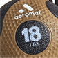 Aeromat 18 LBS medicine ball with textured tan and black rubber construction, weight marking visible on circular center panel