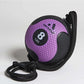 Purple and black medicine ball with textured grip, labeled 8 LBS, attached to black braided rope on white background