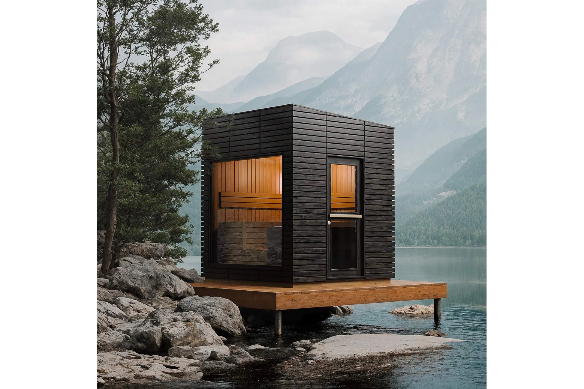 Modern black wooden sauna with orange interior, glass door and window, mounted on wooden deck over mountain lake