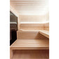 Interior view of Almost Heaven Alpina outdoor sauna with light wood construction, tiered seating benches, and glass-fronted h