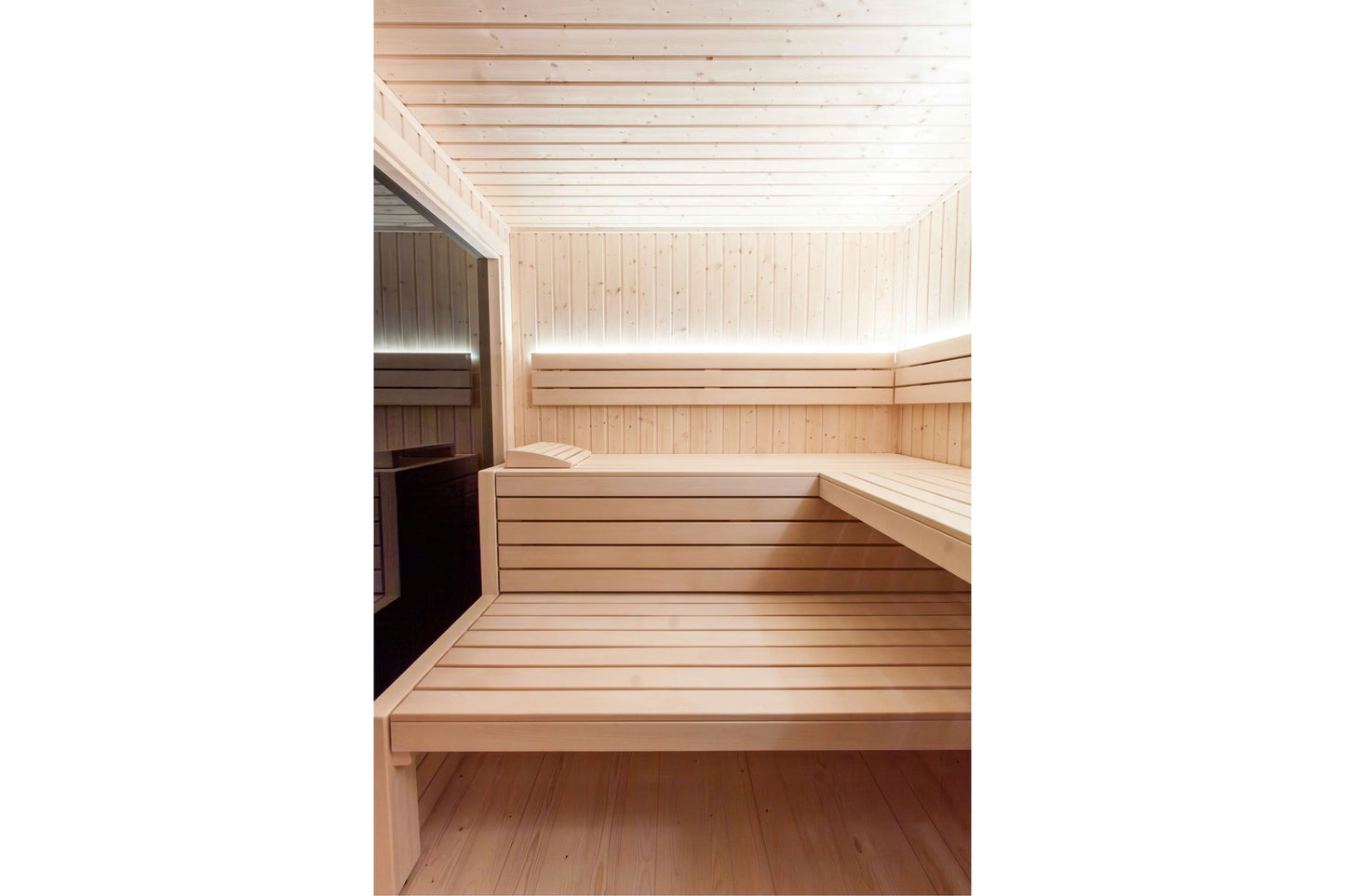 Interior view of Almost Heaven Alpina outdoor sauna with light wood construction, tiered seating benches, and glass-fronted h