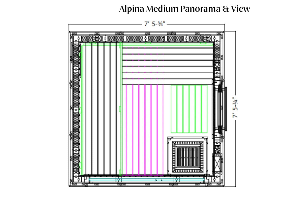 Alpina Medium Panorama sauna floor plan showing 7'5-3/4" width and 7'5-3/4" height with colored layout zones