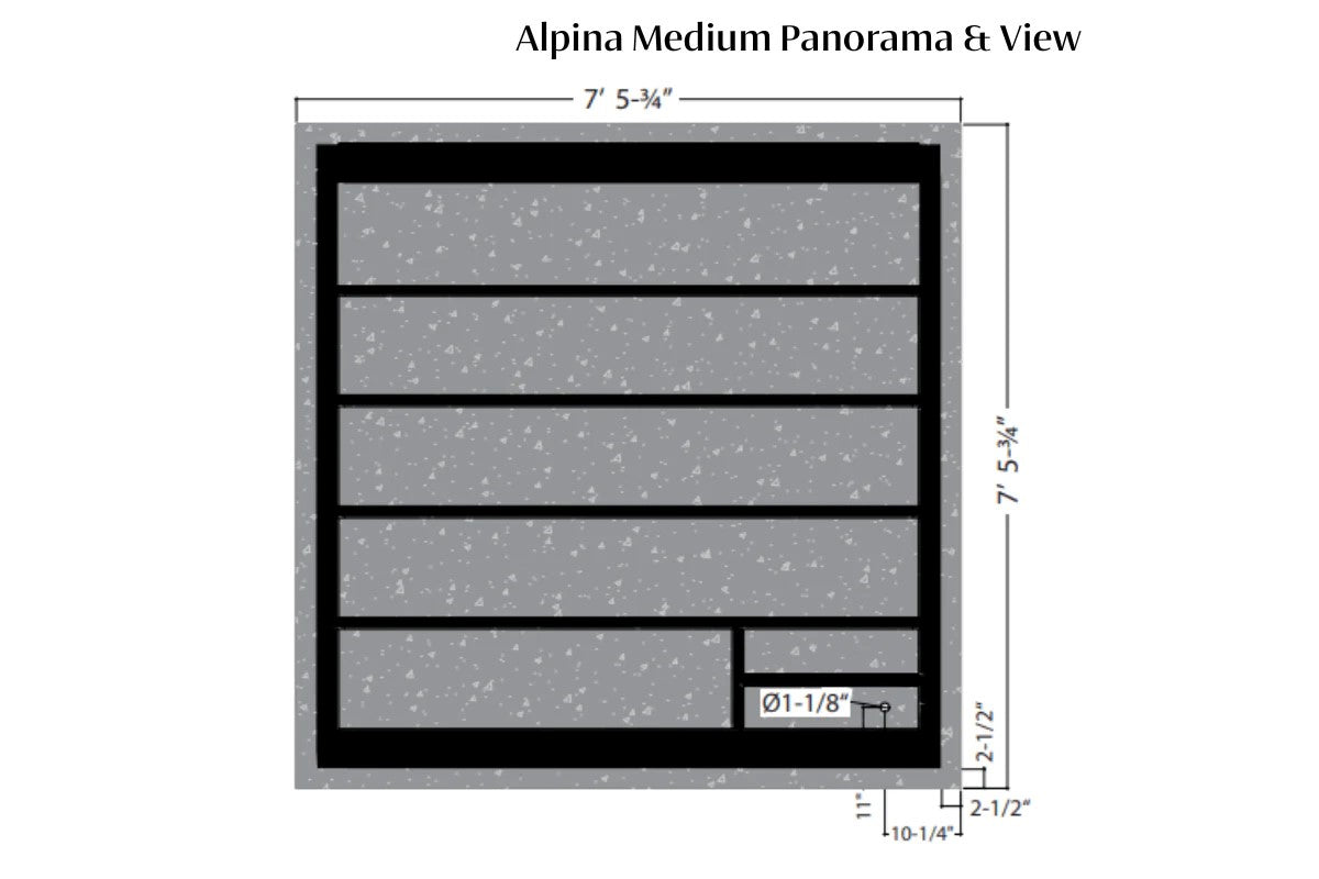 Alpina Medium Panorama sauna window with black frame and gray speckled glass panes, dimensions shown