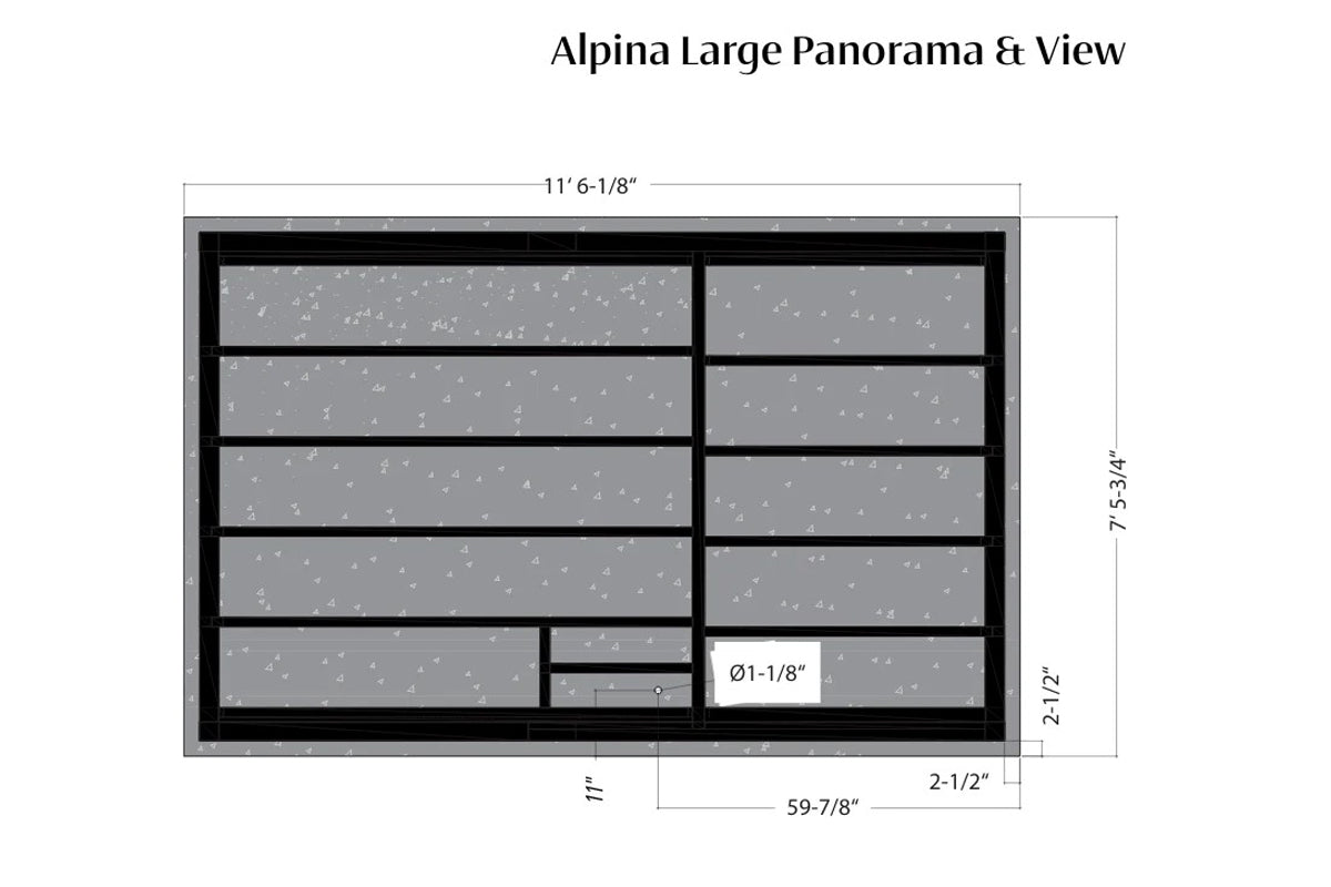 Alpina large panorama sauna window with black frame, multiple glass panes, and dimension measurements displayed