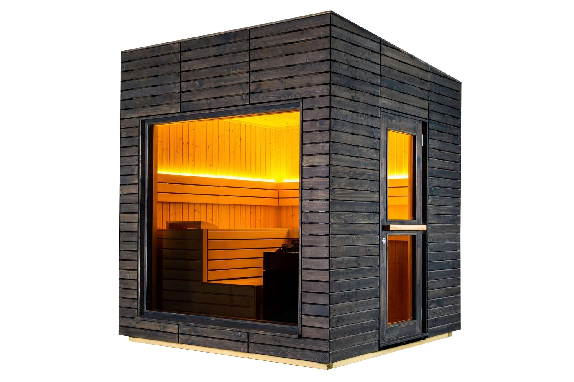 Modern sauna cabin with charred black horizontal wood siding, glowing yellow-lit interior with wooden benches, large front wi