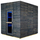 Modern outdoor sauna with dark charred wood siding, blue-tinted glass door and window, metal frame, and natural wood base on 