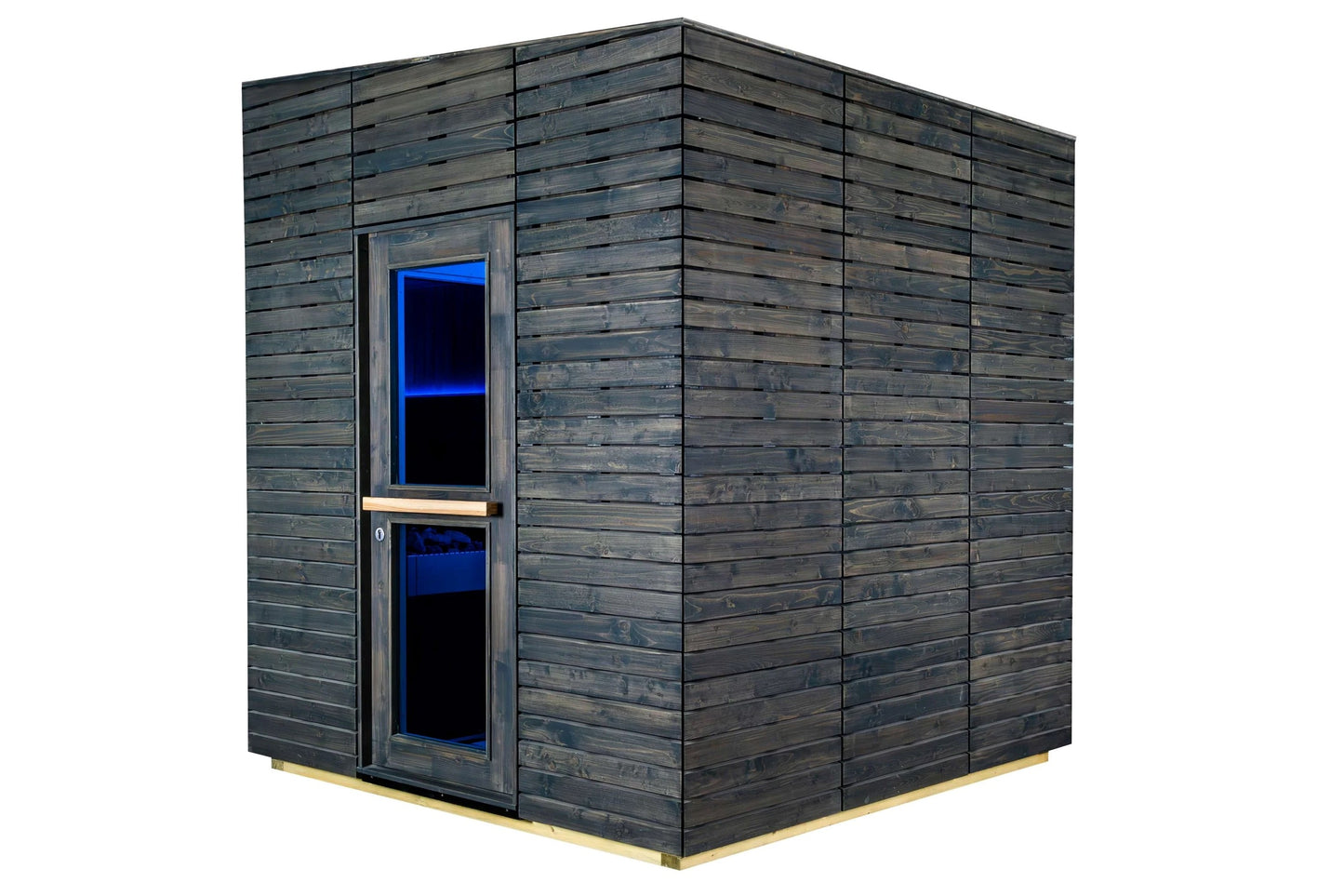 Modern outdoor sauna with dark charred wood siding, blue-tinted glass door and window, metal frame, and natural wood base on 