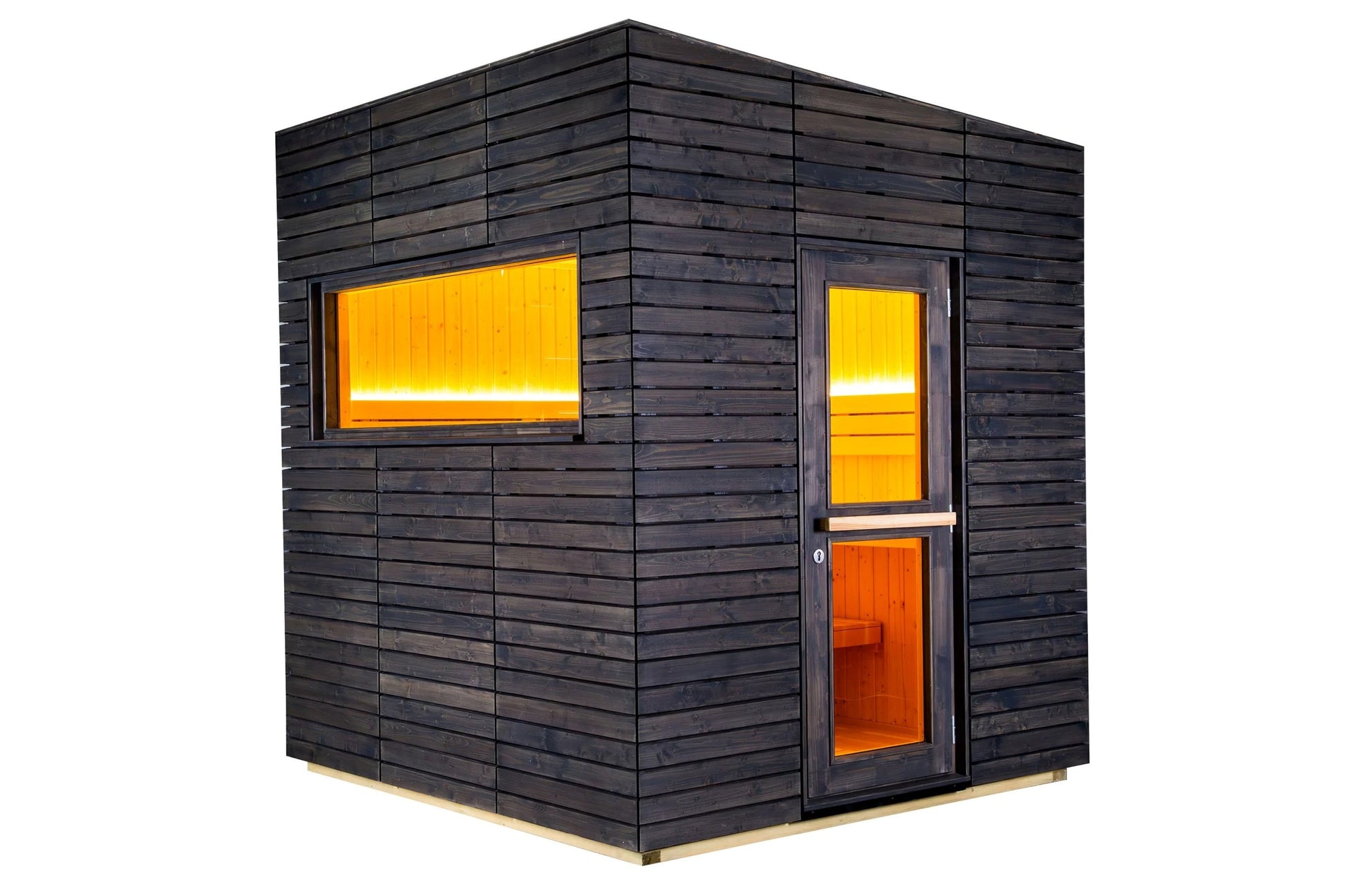 Black wood sauna cabin with yellow and orange interior lighting, featuring horizontal siding, large window, and solid door on