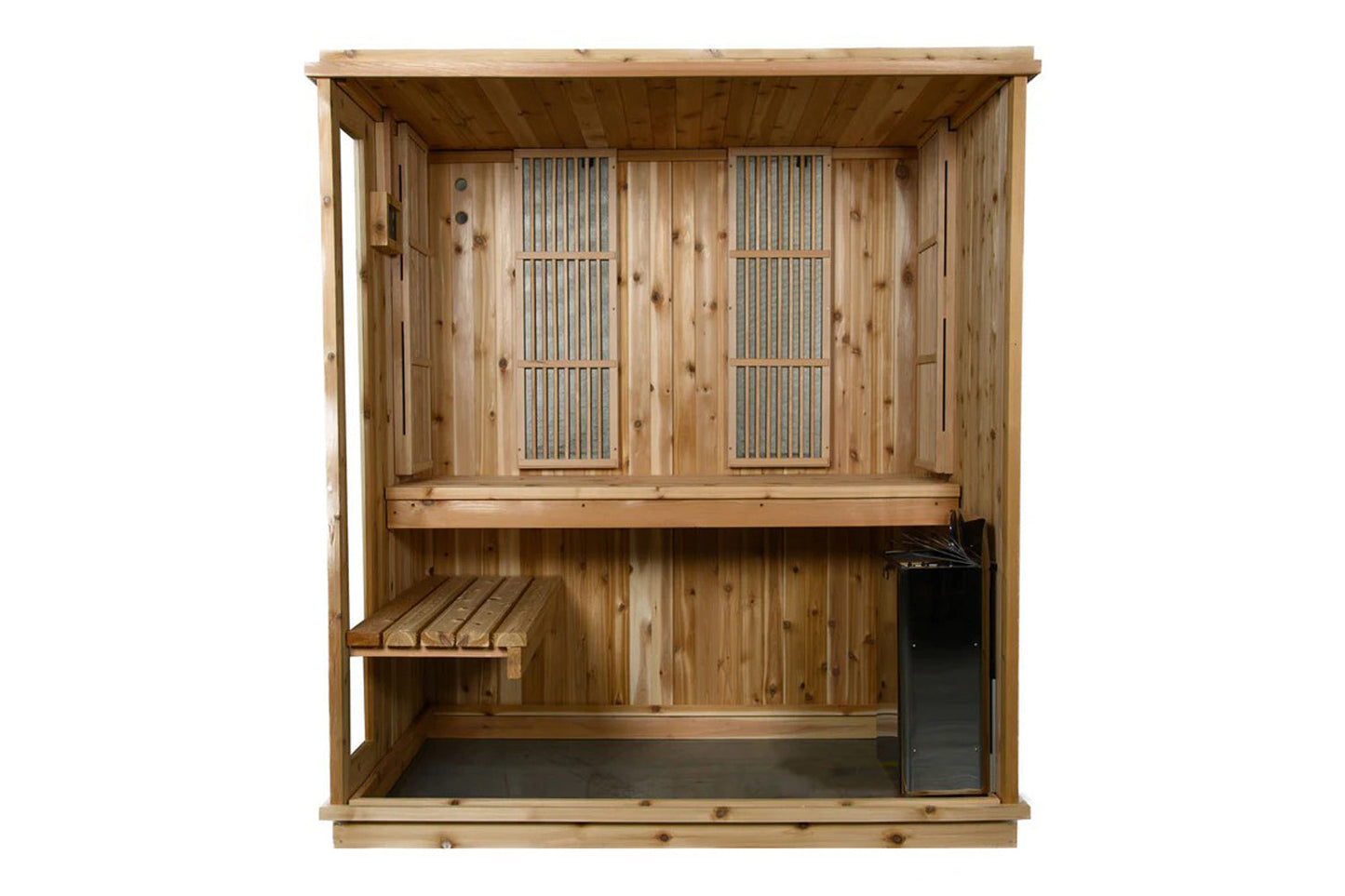 Cedar wood indoor sauna with two bench seats, vertical metal vents, and black heater box on white background