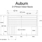 Auburn 2-3 person indoor sauna floor plan showing dimensions, upper and lower benches, glass panels, door, and heater placeme