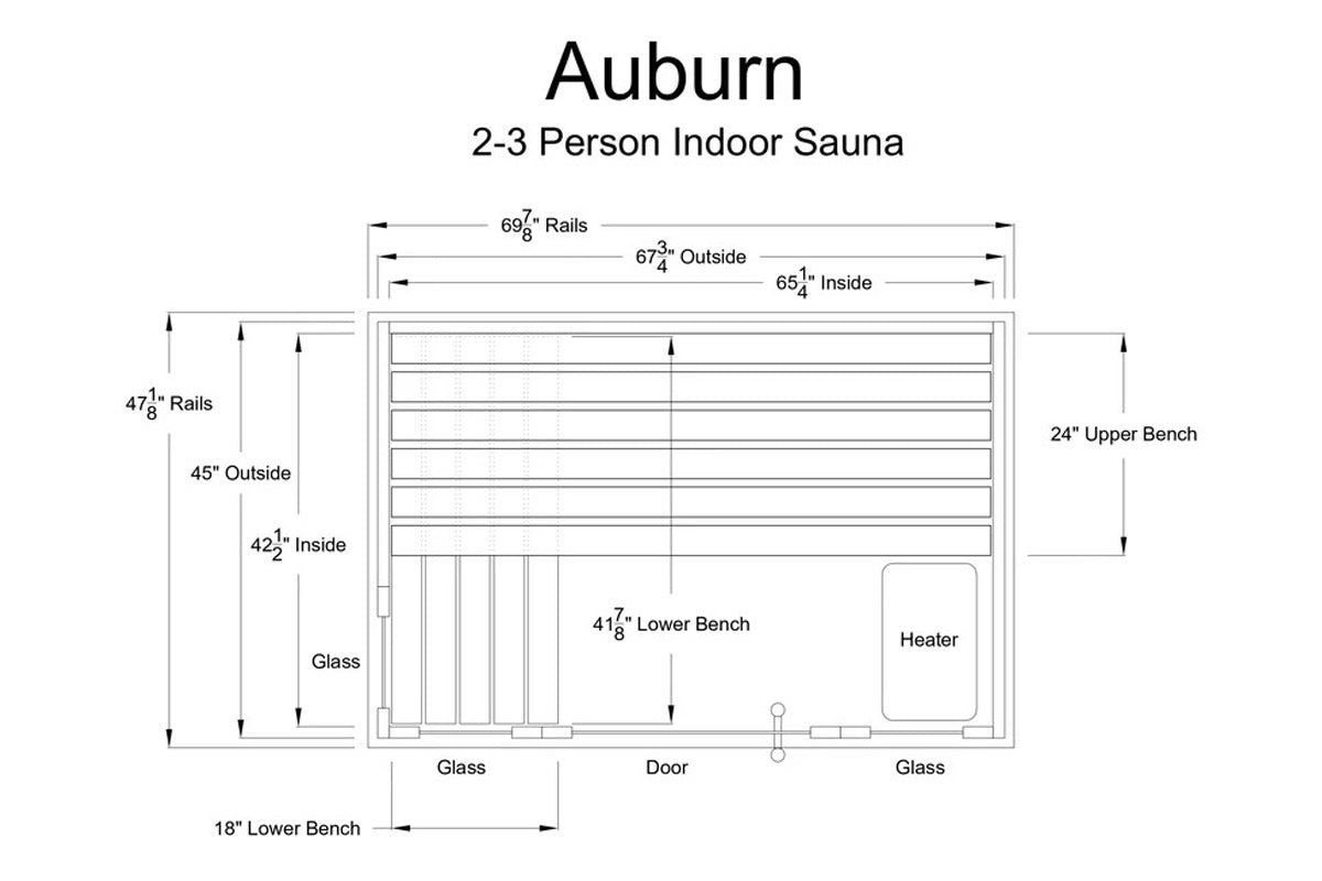 Auburn 2-3 person indoor sauna floor plan showing dimensions, upper and lower benches, glass panels, door, and heater placeme