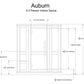 Auburn 2-3 person indoor sauna with technical specifications showing 24" door opening, 77.75" unit height, 71.875" door heigh