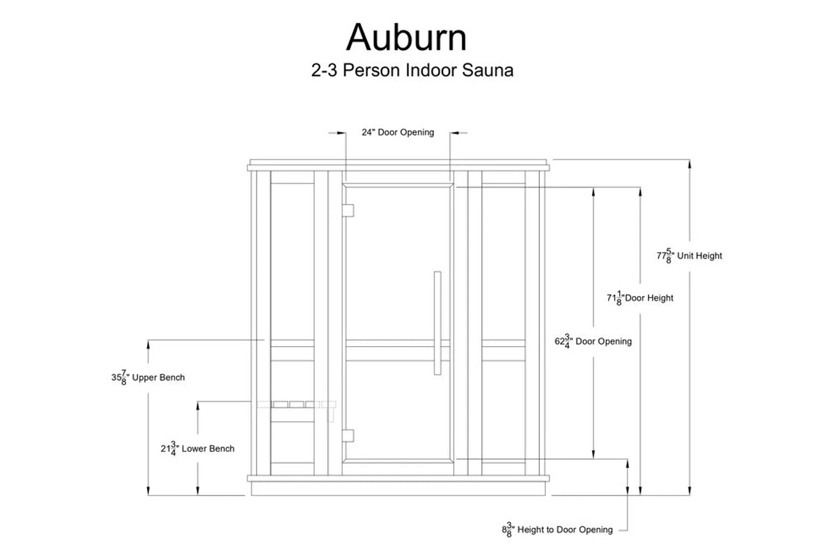 Auburn 2-3 person indoor sauna with technical specifications showing 24" door opening, 77.75" unit height, 71.875" door heigh