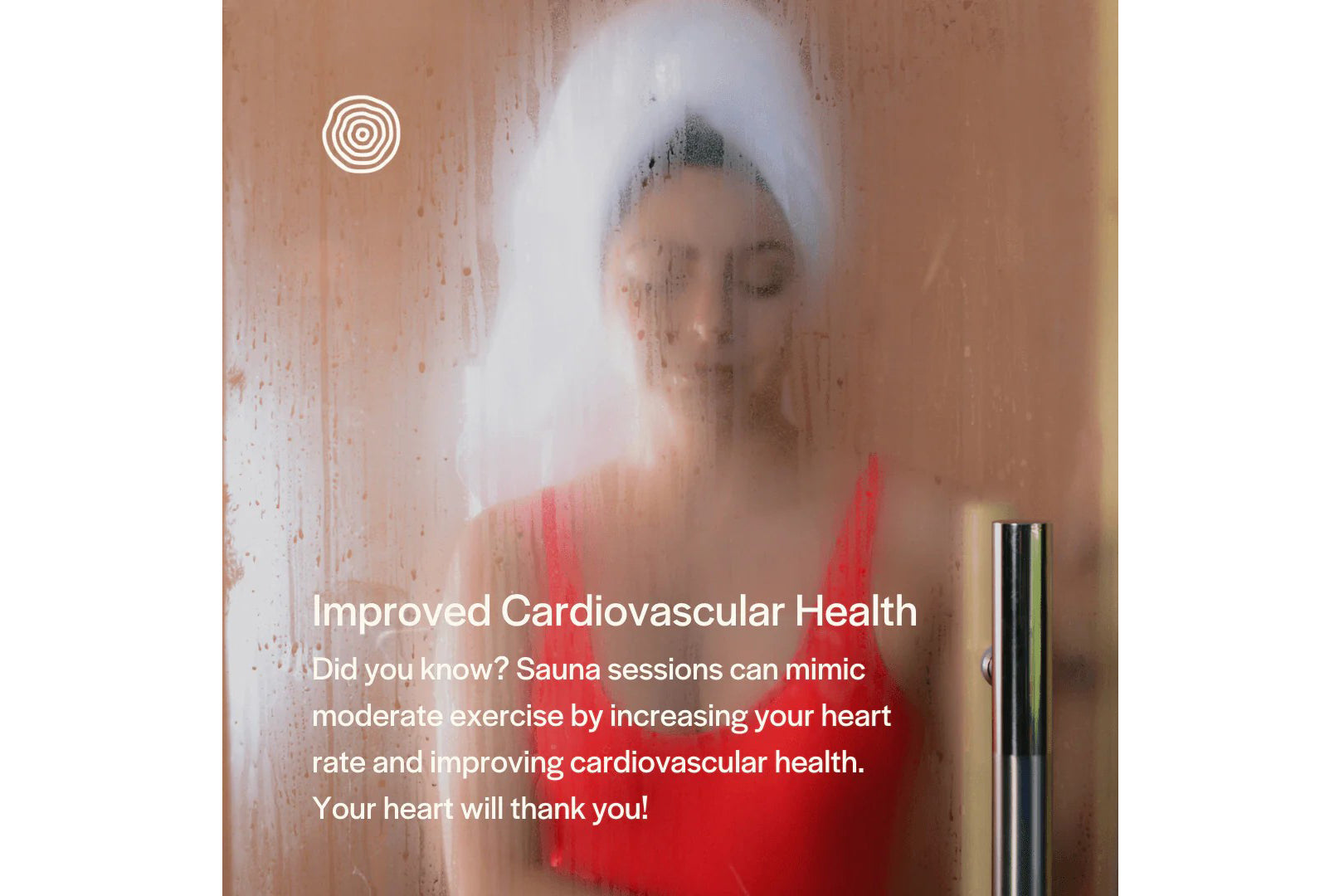 Woman in white towel wrap and red swimsuit visible through glass sauna door, representing sauna wellness experience