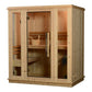Light wood indoor sauna with glass door, wooden benches, bucket and ladle, on white background
