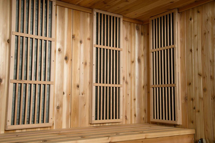 Almost Heaven Auburn indoor sauna with light wood construction, vertical slat doors with black screens, and cedar walls, inte