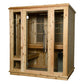 Natural wood indoor sauna with glass door and windows, wooden bench seating, and vertical vent panels on white background