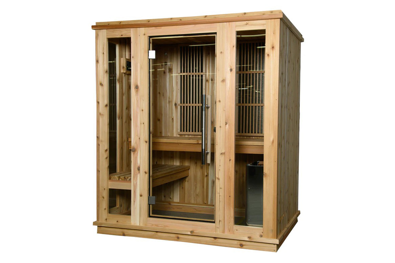 Natural wood indoor sauna with glass door and windows, wooden bench seating, and vertical vent panels on white background