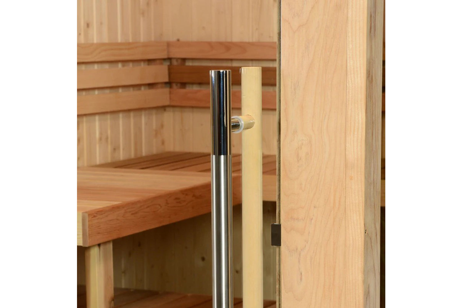 Sauna door detail showing stainless steel and black handle on light wood frame with interior wooden benches visible