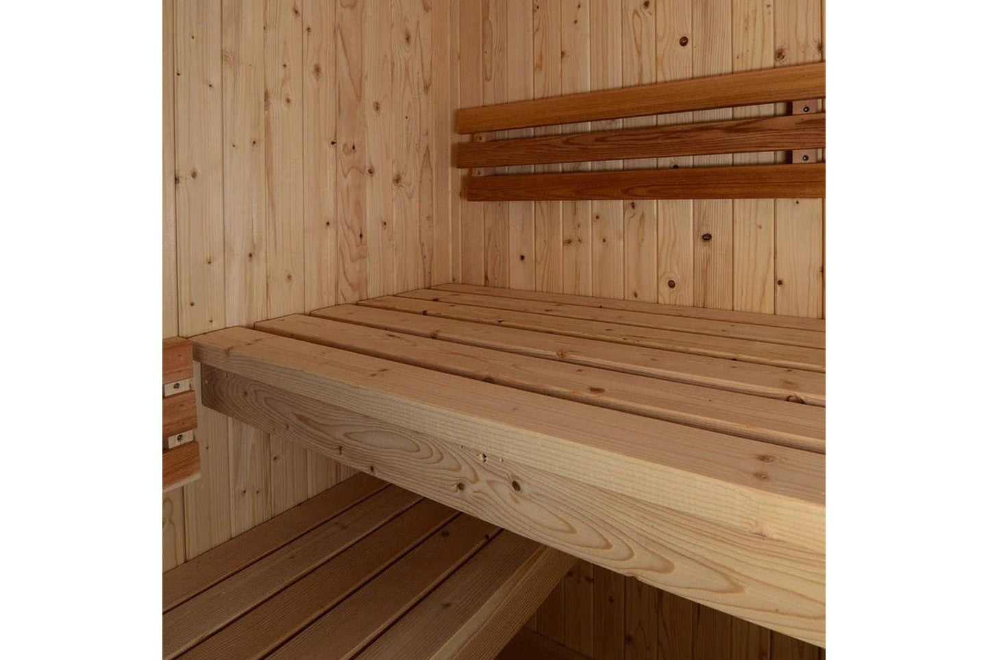 Natural wood sauna interior with light pine walls, wooden benches, and darker wood backrest, showing two-tier seating configu