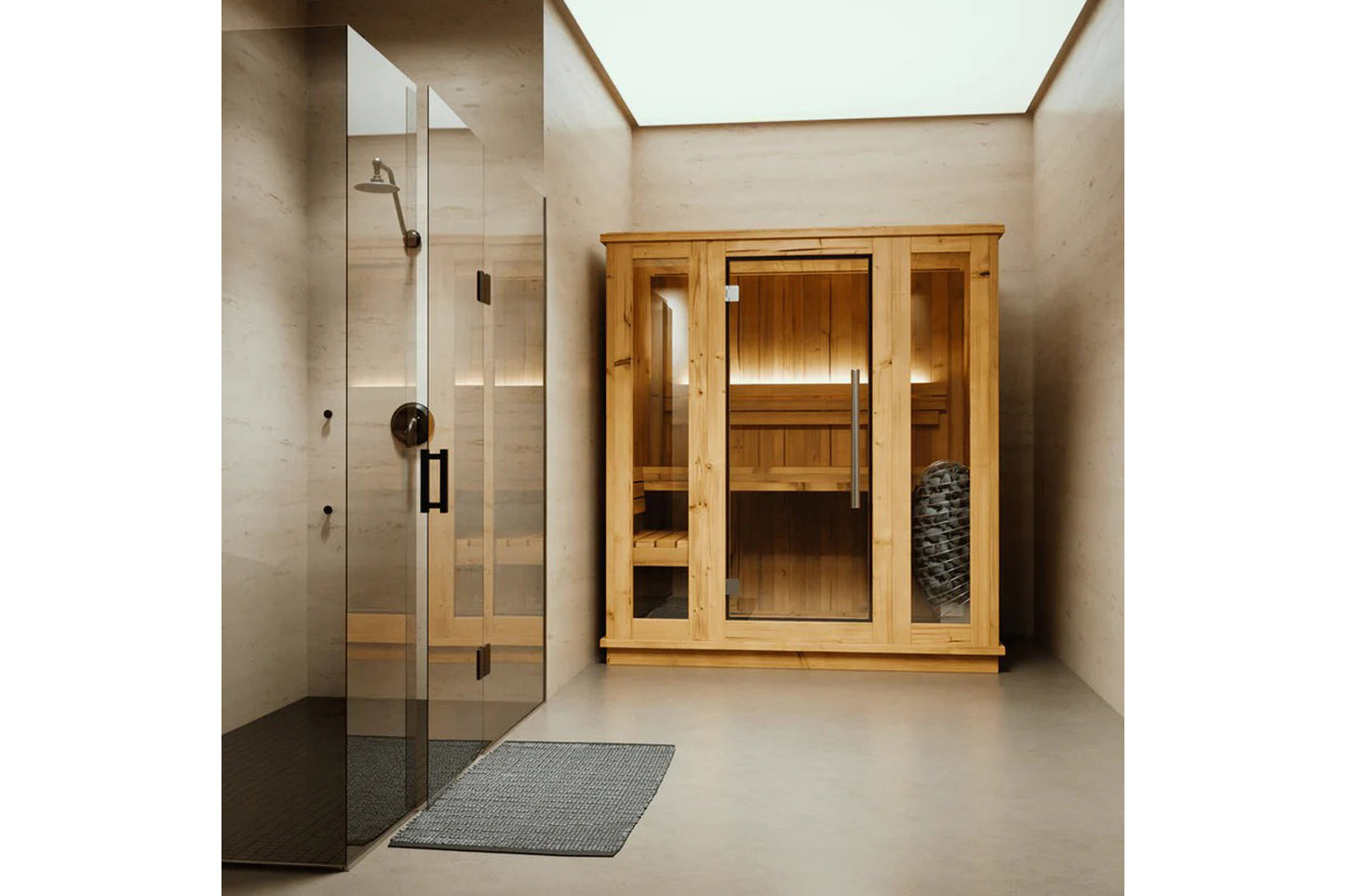 Cedar wood sauna with glass door and side panels next to frameless glass shower enclosure in modern bathroom with skylight