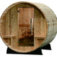 Cylindrical wooden barrel sauna with hinged cedar door, interior wooden benches, and glass window on white background