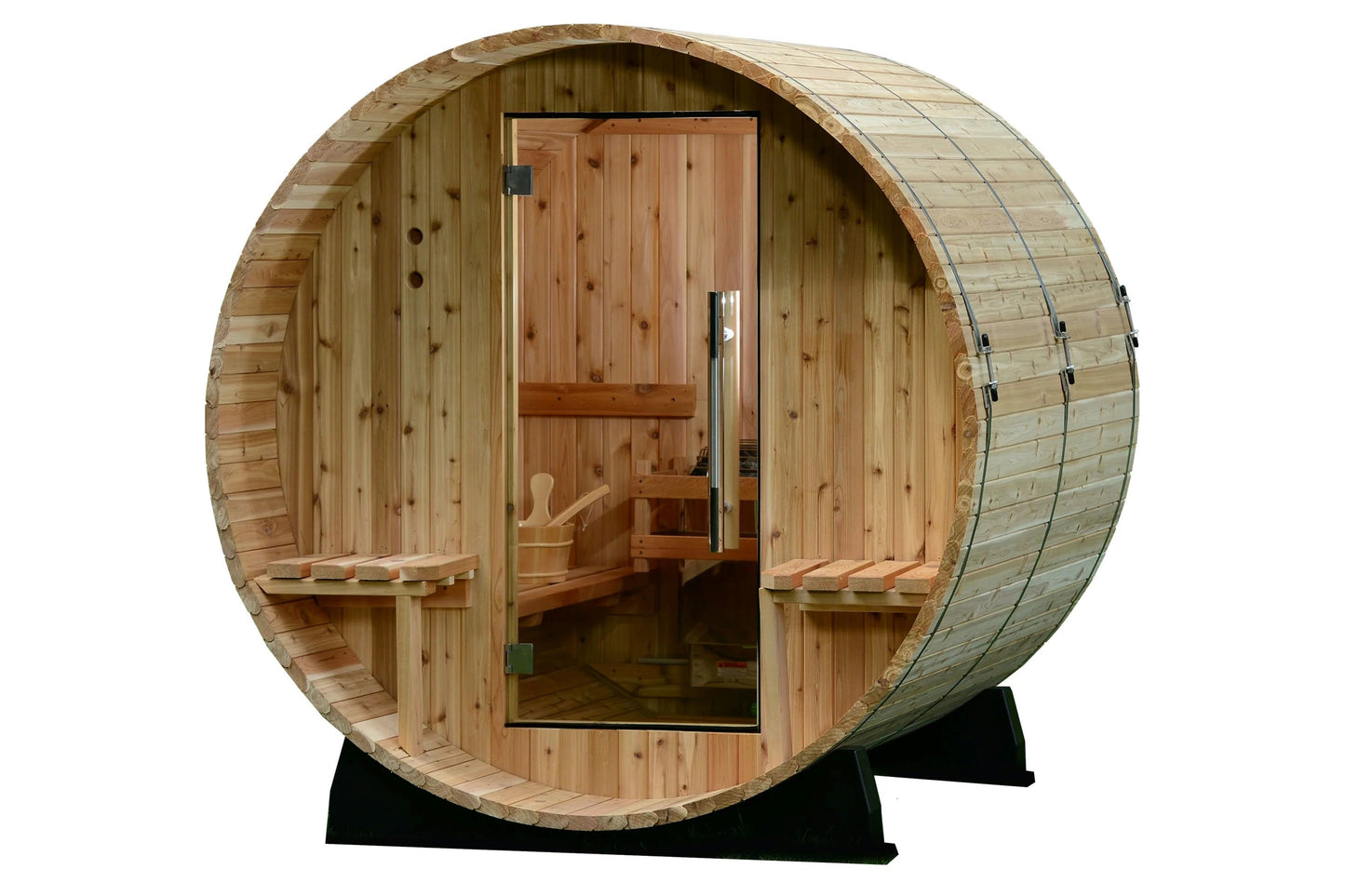 Cylindrical wooden barrel sauna with hinged cedar door, interior wooden benches, and glass window on white background