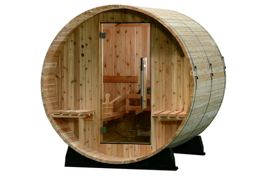 Cylindrical wooden barrel sauna with hinged cedar door, interior wooden benches, and glass window on white background