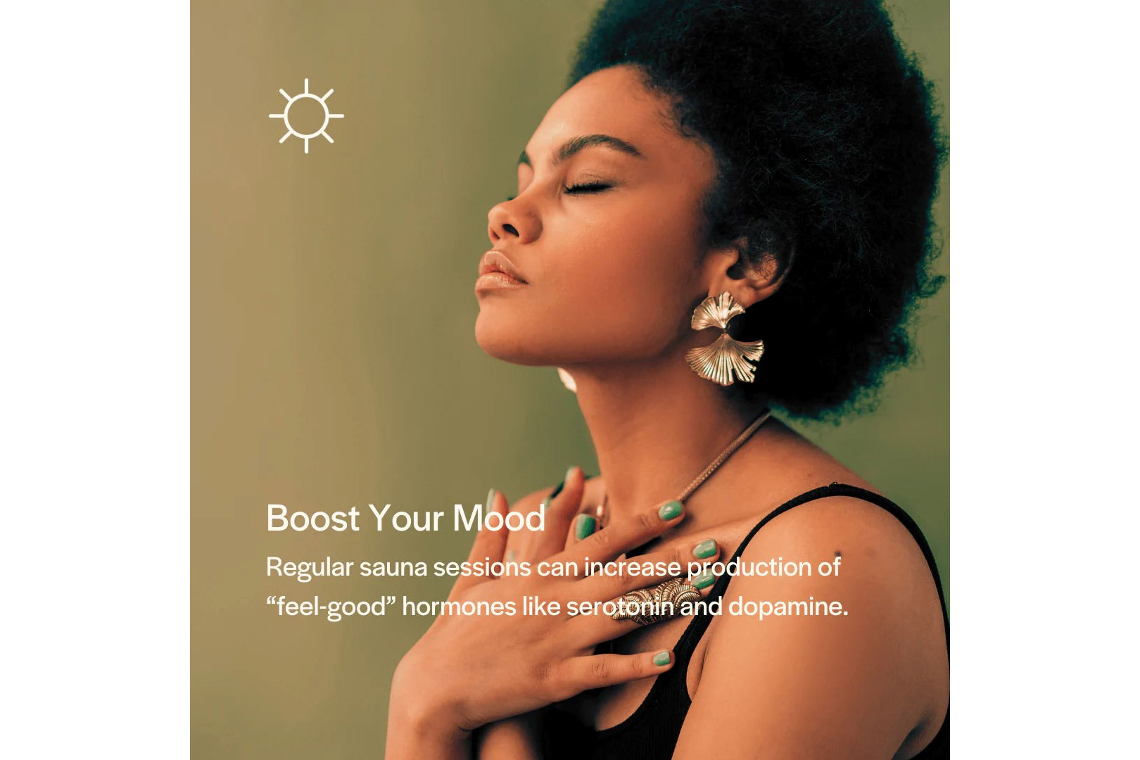 Woman wearing gold shell-shaped earrings and green nail polish against olive green background with sun icon