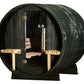 Almost Heaven Audra barrel sauna with dark green exterior, wooden interior benches, temperature gauges, and open door on whit