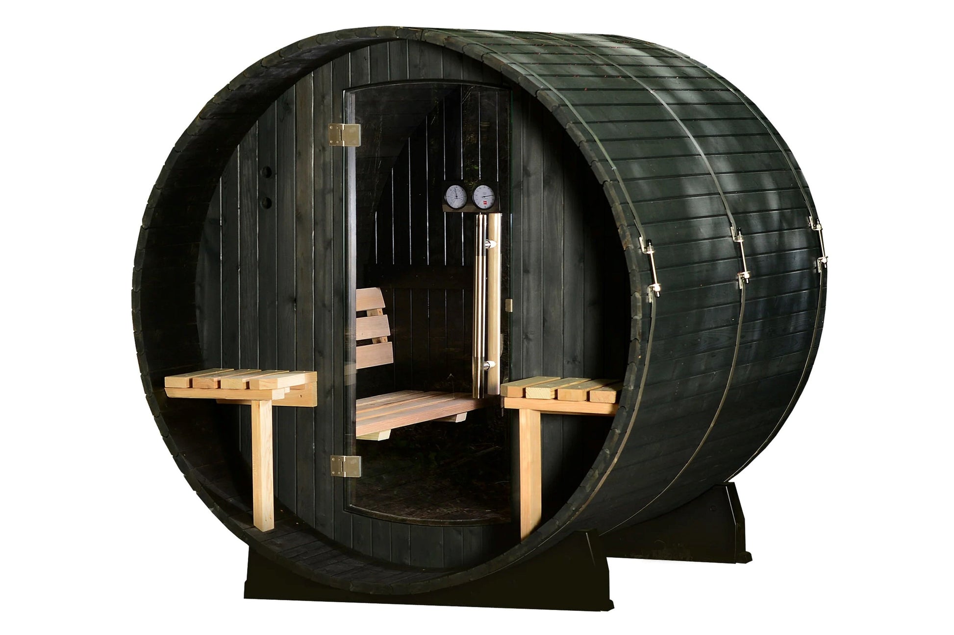 Almost Heaven Audra barrel sauna with dark green exterior, wooden interior benches, temperature gauges, and open door on whit