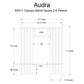 Audra 6x5+1 canopy barrel sauna floor plan showing interior layout with heater, benches, door, and dimension specifications