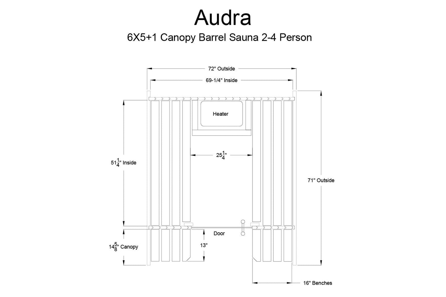 Audra 6x5+1 canopy barrel sauna floor plan showing interior layout with heater, benches, door, and dimension specifications