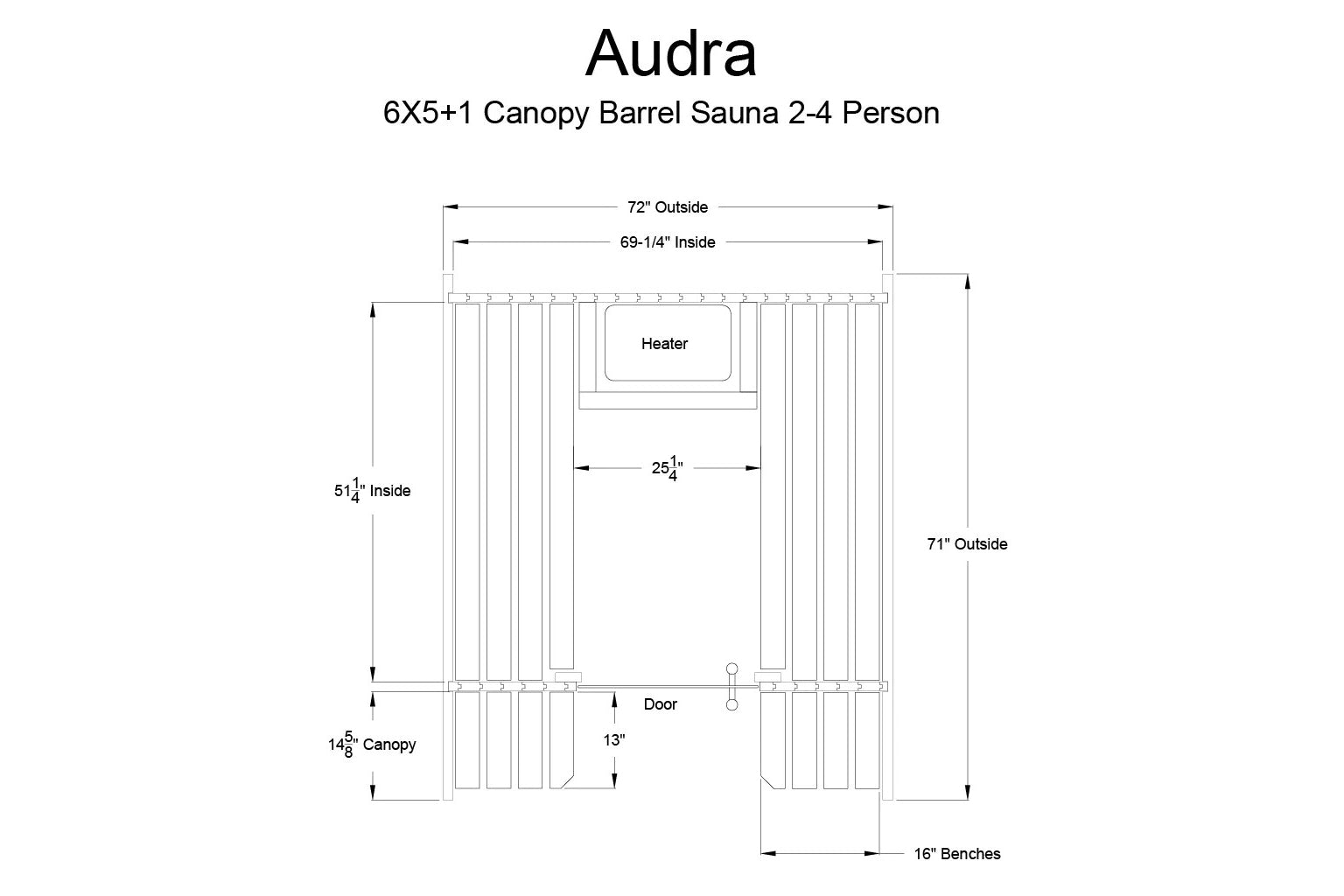 Audra 6x5+1 canopy barrel sauna floor plan showing interior layout with heater, benches, door, and dimension specifications