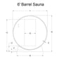 6-foot barrel sauna technical schematic showing front view with dimensions, circular wooden barrel design, rectangular door o